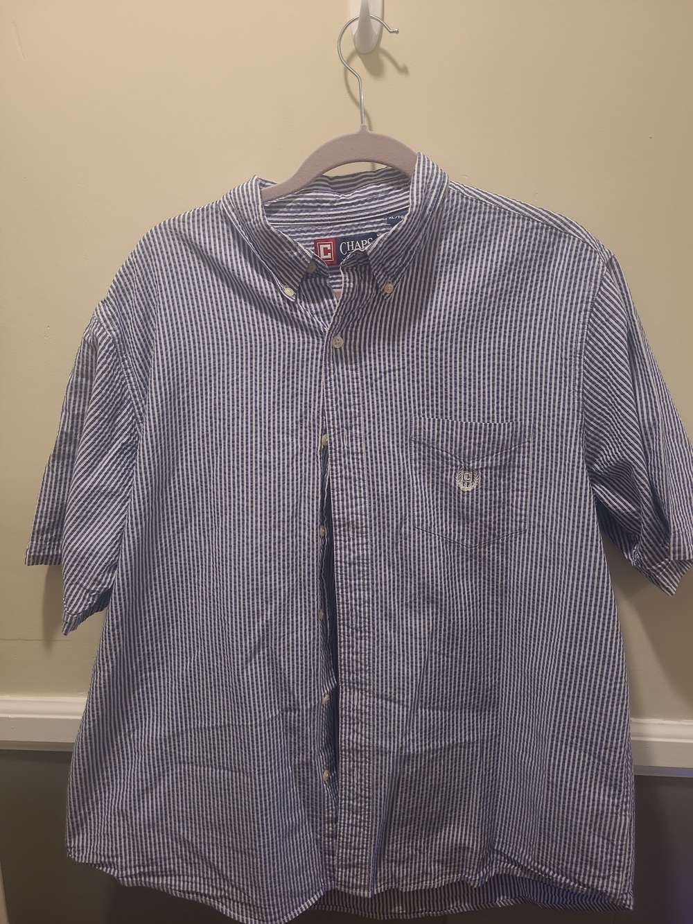 Chaps Men XL S/S Button Down Blue Striped Short Gauze Polo Shirt